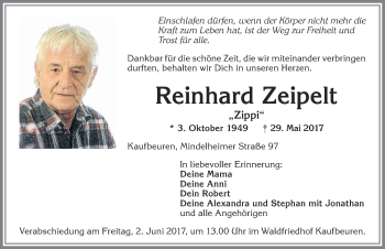 Traueranzeige von Reinhard Zeipelt von Allgäuer Zeitung, Kaufbeuren/Buchloe