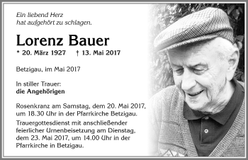 Traueranzeige von Lorenz Bauer von Allgäuer Zeitung,Kempten