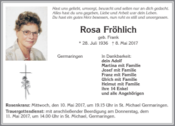 Traueranzeige von Rosa Fröhlich von Allgäuer Zeitung, Kaufbeuren/Buchloe