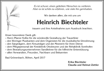 Traueranzeige von Heinrich Biechteler von Memminger Zeitung