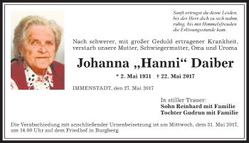 Traueranzeige von Johanna  Daiber von Allgäuer Anzeigeblatt
