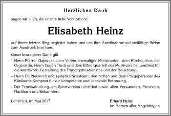 Traueranzeige von Elisabeth Heinz von Allgäuer Zeitung,Kempten