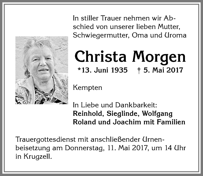  Traueranzeige für Christa Morgen vom 08.05.2017 aus Allgäuer Zeitung,Kempten