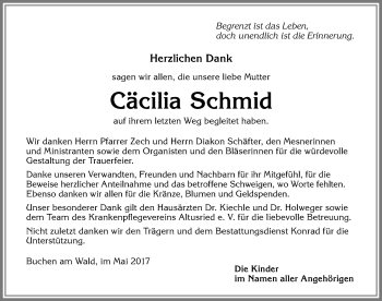 Traueranzeige von Cäcilia Schmid von Allgäuer Zeitung,Kempten