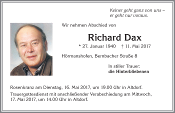 Traueranzeige von Richard Dax von Allgäuer Zeitung