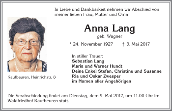 Traueranzeige von Anna Lang von Allgäuer Zeitung, Kaufbeuren/Buchloe