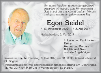 Traueranzeige von Egon Seidel von Allgäuer Zeitung, Marktoberdorf