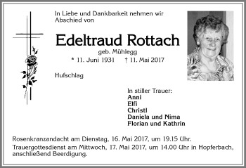 Traueranzeige von Edeltraud Rottach von Allgäuer Zeitung, Marktoberdorf