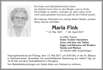 Traueranzeige von Maria Fink von Allgäuer Zeitung,Kempten