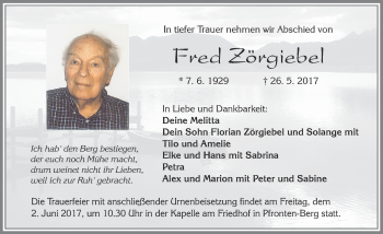 Traueranzeige von Fred Zörgiebel von Allgäuer Zeitung, Füssen