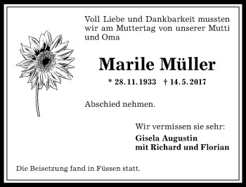 Traueranzeige von Marile Müller von Allgäuer Anzeigeblatt