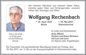 Traueranzeige von Wolfgang Rechenbach von Allgäuer Zeitung,Kempten