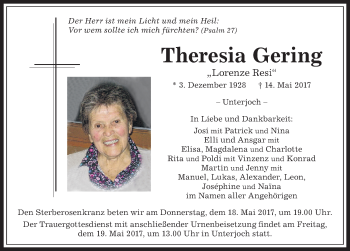Traueranzeige von Theresia Gering von Allgäuer Anzeigeblatt