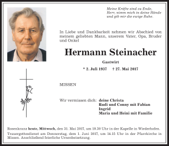 Traueranzeige von Hermann Steinacher von Allgäuer Anzeigeblatt