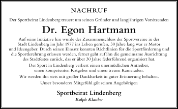 Traueranzeige von Egon Hartmann von Der Westallgäuer