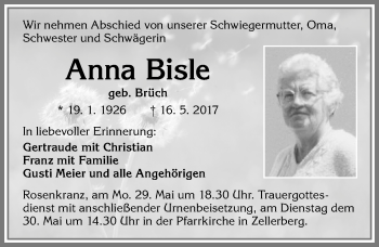 Traueranzeige von Anna Bisle von Allgäuer Zeitung, Kaufbeuren/Buchloe