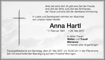 Traueranzeige von Anna Hartl von Memminger Zeitung