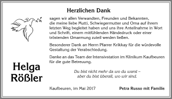 Traueranzeige von Helga Rößler von Allgäuer Zeitung, Kaufbeuren/Buchloe