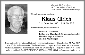 Traueranzeige von Klaus Ulrich von Allgäuer Zeitung, Marktoberdorf