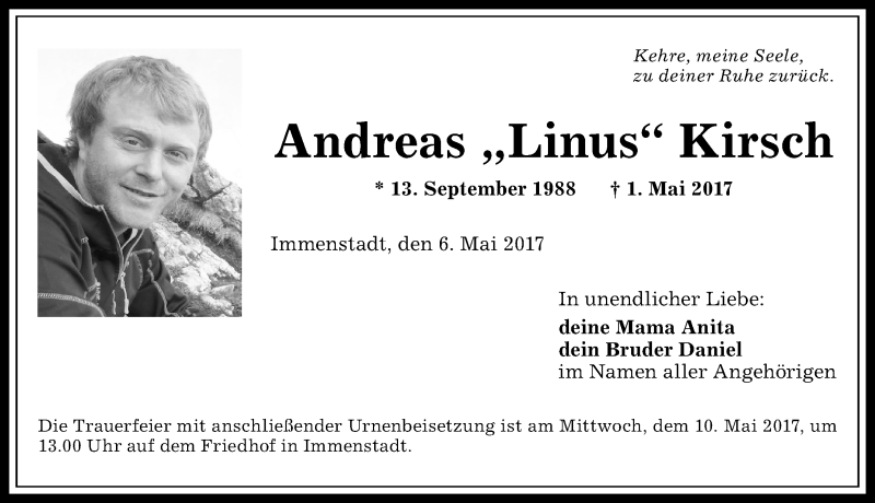  Traueranzeige für Andreas  Kirsch vom 06.05.2017 aus Allgäuer Anzeigeblatt