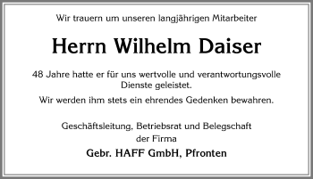 Traueranzeige von Wilhelm Daiser von Allgäuer Zeitung, Füssen