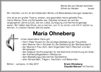 Traueranzeige von Maria Ohneberg von Memminger Zeitung