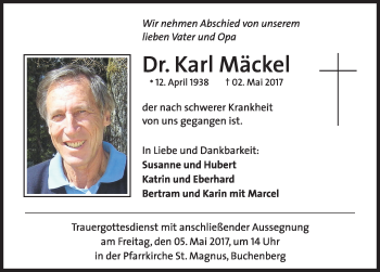 Traueranzeige von Karl Mäckel von Allgäuer Zeitung,Kempten