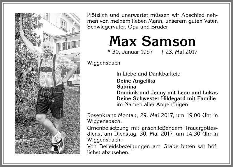  Traueranzeige für Max Samson vom 27.05.2017 aus Allgäuer Zeitung,Kempten