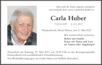Traueranzeige von Carla Huber von Der Westallgäuer