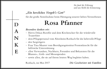 Traueranzeige von Rosa Pfanner von Der Westallgäuer