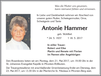 Traueranzeige von Antonie Hammer von Allgäuer Zeitung, Füssen
