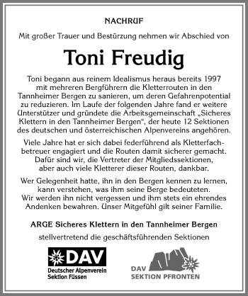 Traueranzeige von Toni Freudig von Allgäuer Zeitung, Füssen
