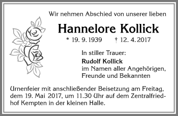 Traueranzeige von Hannelore Kollick von Allgäuer Zeitung,Kempten