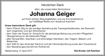 Traueranzeige von Johanna Geiger von Allgäuer Zeitung,Kempten