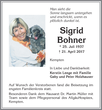 Traueranzeige von Sigrid Bohner von Allgäuer Zeitung,Kempten