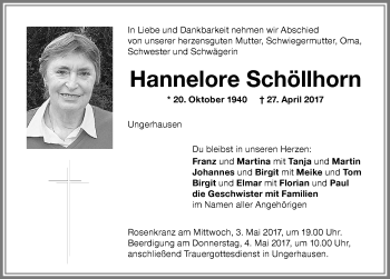 Traueranzeige von Hannelore Schöllhorn von Memminger Zeitung