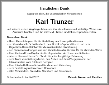 Traueranzeige von Karl Trunzer von Allgäuer Zeitung