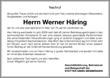 Traueranzeige von Werner Häring von Memminger Zeitung