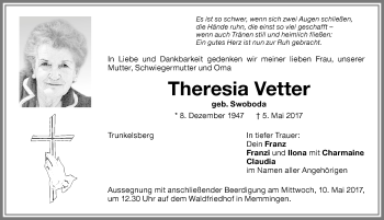 Traueranzeige von Theresia Vetter von Memminger Zeitung