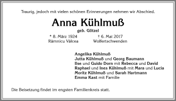 Traueranzeige von Anna Kühlmuß von Memminger Zeitung