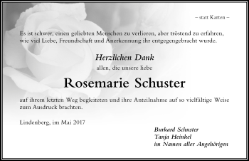 Traueranzeige von Rosemarie Schuster von Der Westallgäuer