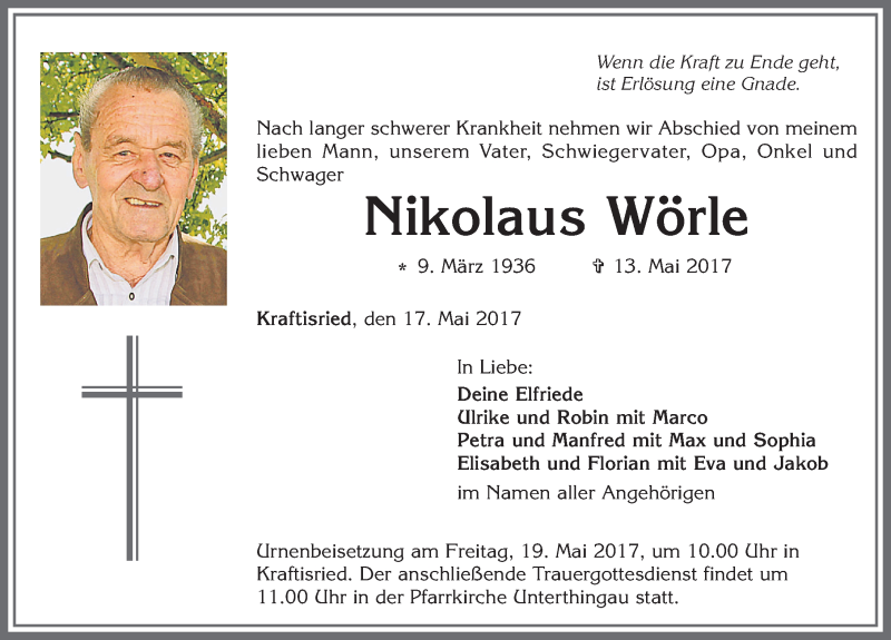  Traueranzeige für Nikolaus Wörle vom 17.05.2017 aus Allgäuer Zeitung, Marktoberdorf
