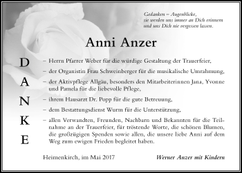 Traueranzeige von Anni Anzer von Der Westallgäuer