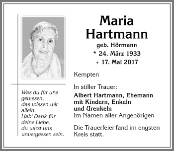 Traueranzeige von Maria Hartmann von Allgäuer Zeitung,Kempten