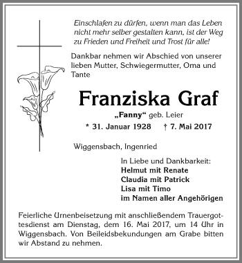 Traueranzeige von Franziska Graf von Allgäuer Zeitung,Kempten
