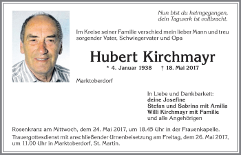 Traueranzeige von Hubert Kirchmayr von Allgäuer Zeitung, Marktoberdorf