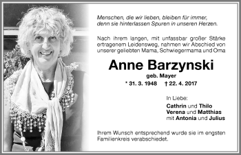 Traueranzeige von Anne Barzynski von Memminger Zeitung