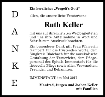 Traueranzeige von Ruth Keller von Allgäuer Anzeigeblatt