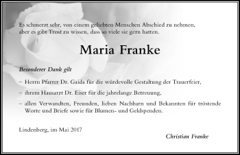 Traueranzeige von Maria Franke von Der Westallgäuer