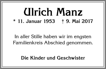 Traueranzeige von Ulrich Manz von Memminger Zeitung